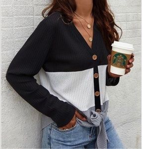 Lightweight button up sweater with tie in front